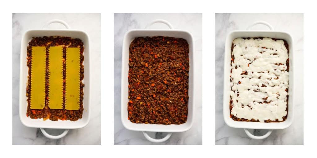 Layering a casserole dish with lasagna pasta, followed by bolognese sauce and then bachemel sauce
