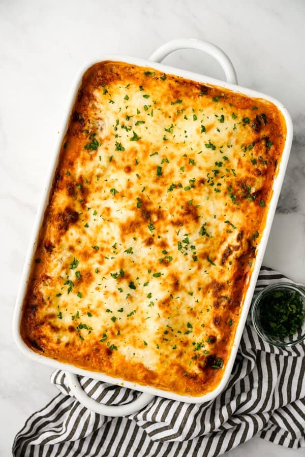 Top down view of a casserole of lasagna