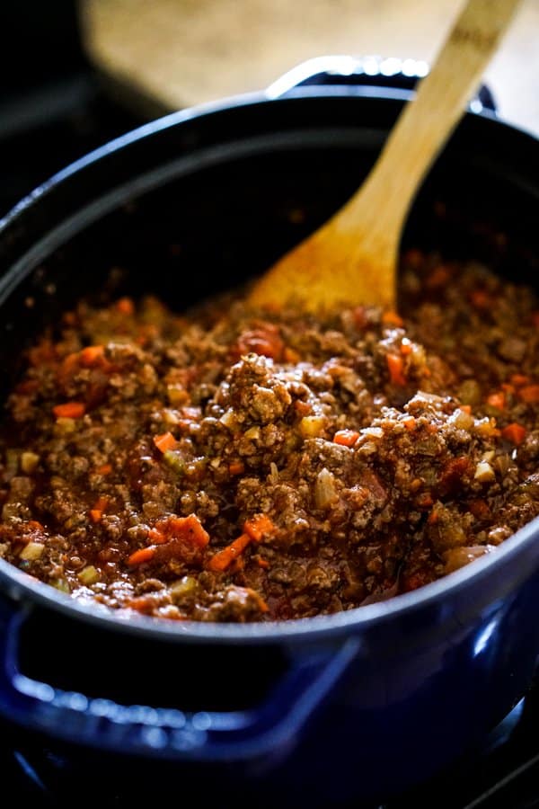 Cooking bolognese meat sauce on the stovetop