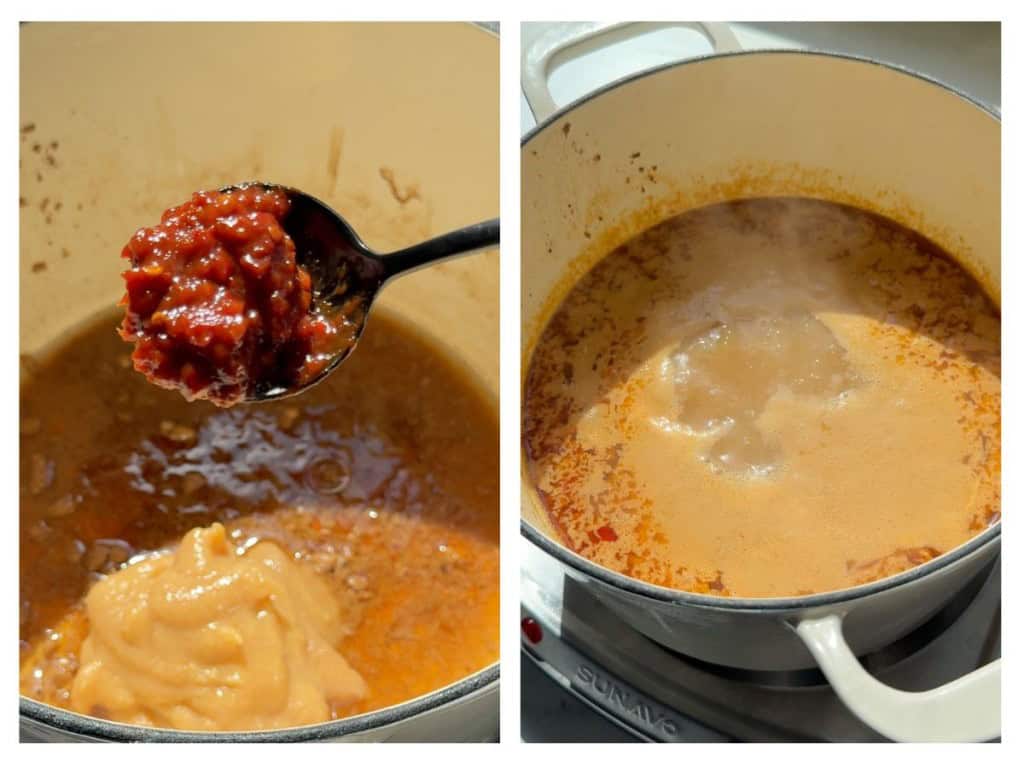 Adding chili bean paste to miso paste that is cooking in a pot and then boiling the broth
