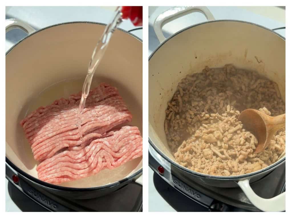 Adding mirin to ground pork that is cooking in a pot