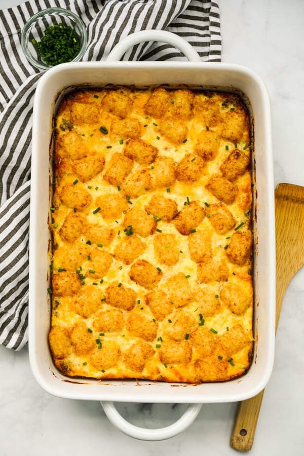 Top down view of a rectangular breakfast casserole