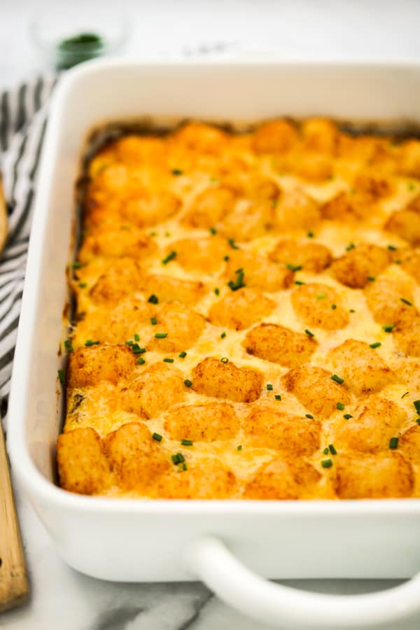 Breakfast casserole with tater tots on top