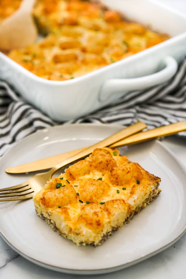 A serving of sausage tater tot breakfast casserole