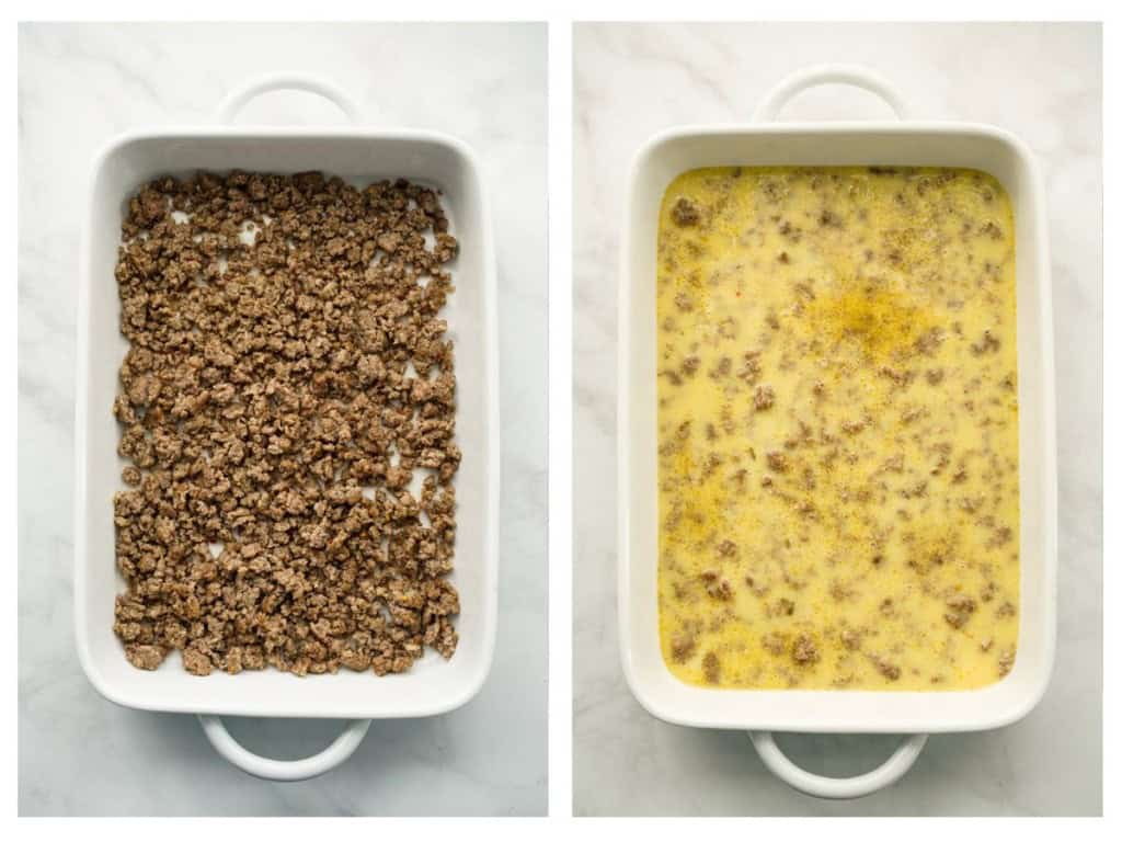 A rectangular casserole dish layered with crumbled sausage, then with egg mixture