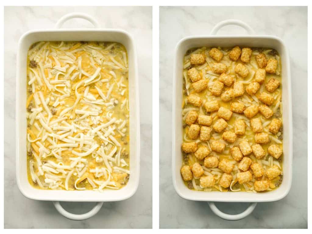 Casserole dish filled with mixture layered with shredded cheese, followed by tater tots