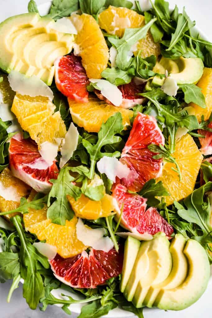 Closeup of Avocado Orange Salad with arugula