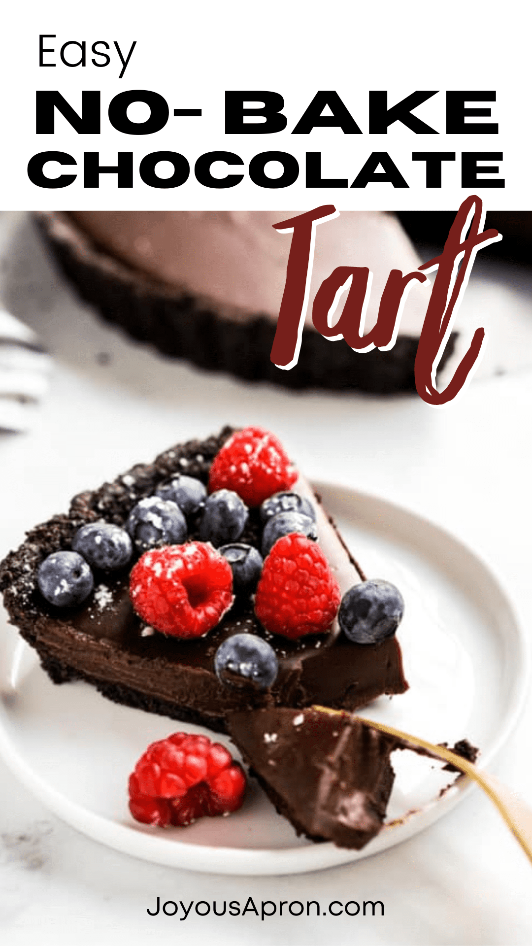 No-Bake Chocolate Tart - Oreo crust topped with rich, velvety dark chocolate ganache filling, served with berries. A delightful and easy no-bake dessert! via @joyousapron