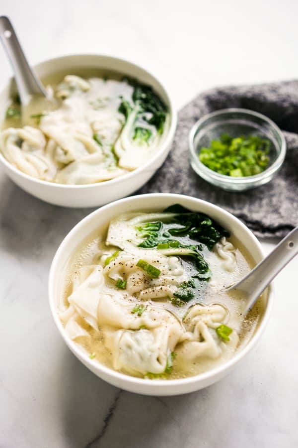 Two bowls of Instant Pot Wonton Soup