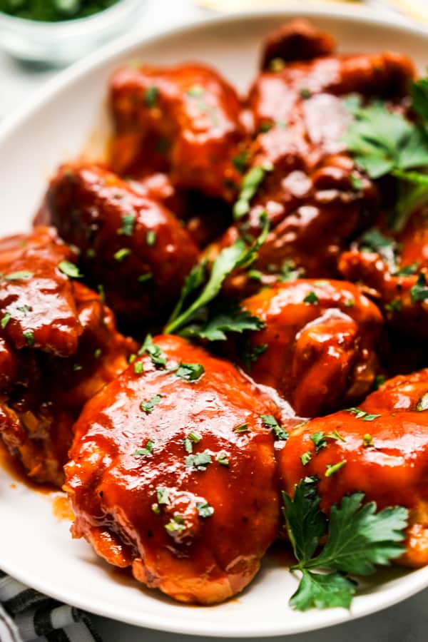 Closeup of BBQ Chicken Thighs cooked in the slow cooker