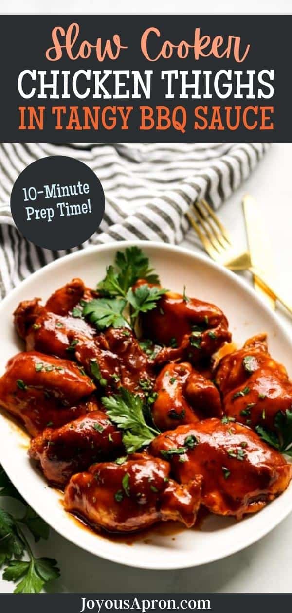 Slow Cooker BBQ Chicken Thighs - tender and juicy bbq chicken thighs recipe made simple using the crockpot. So easy and delicious! Only 10 minutes of active prep time! via @joyousapron