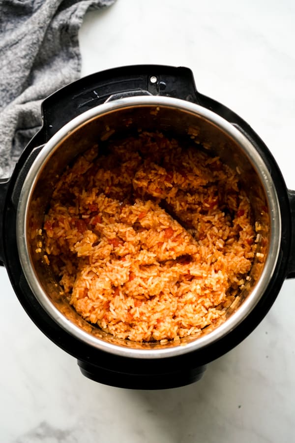 Top down view of seasoned rice in Instant Pot