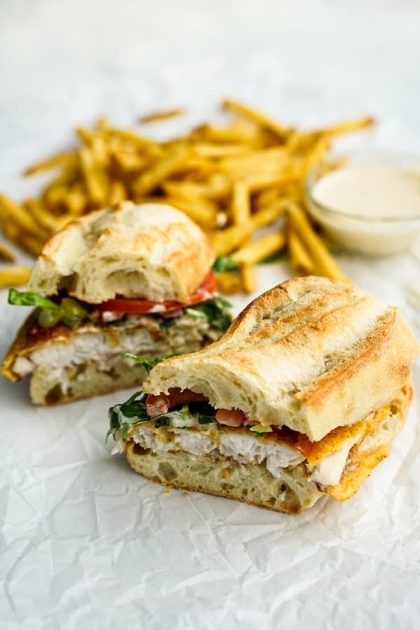 Fish Po Boy Sandwich sliced in half