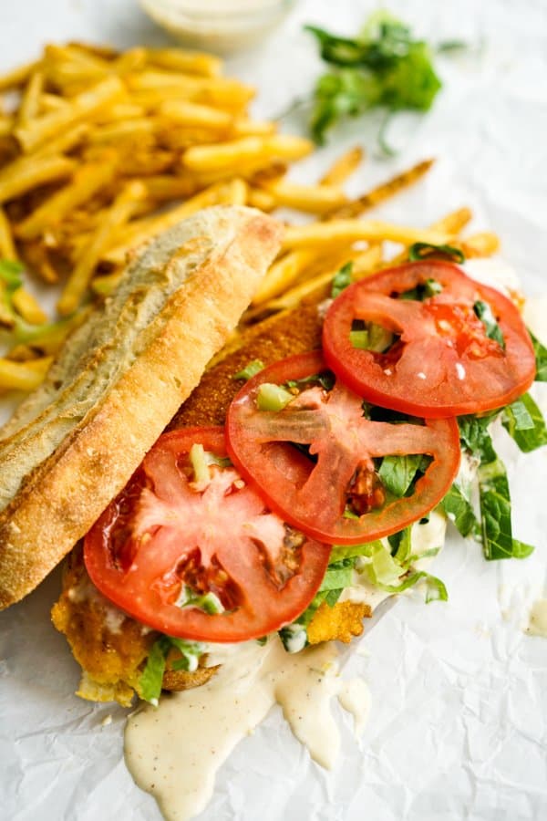 Open face Fish Po' Boy sandwich