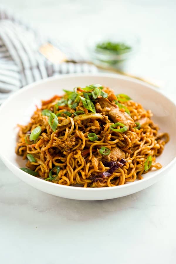 A plate piled with fried noodles