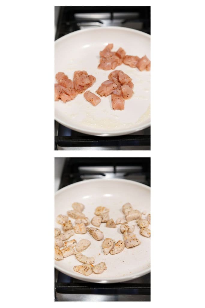 Searing chicken cubes using skillet