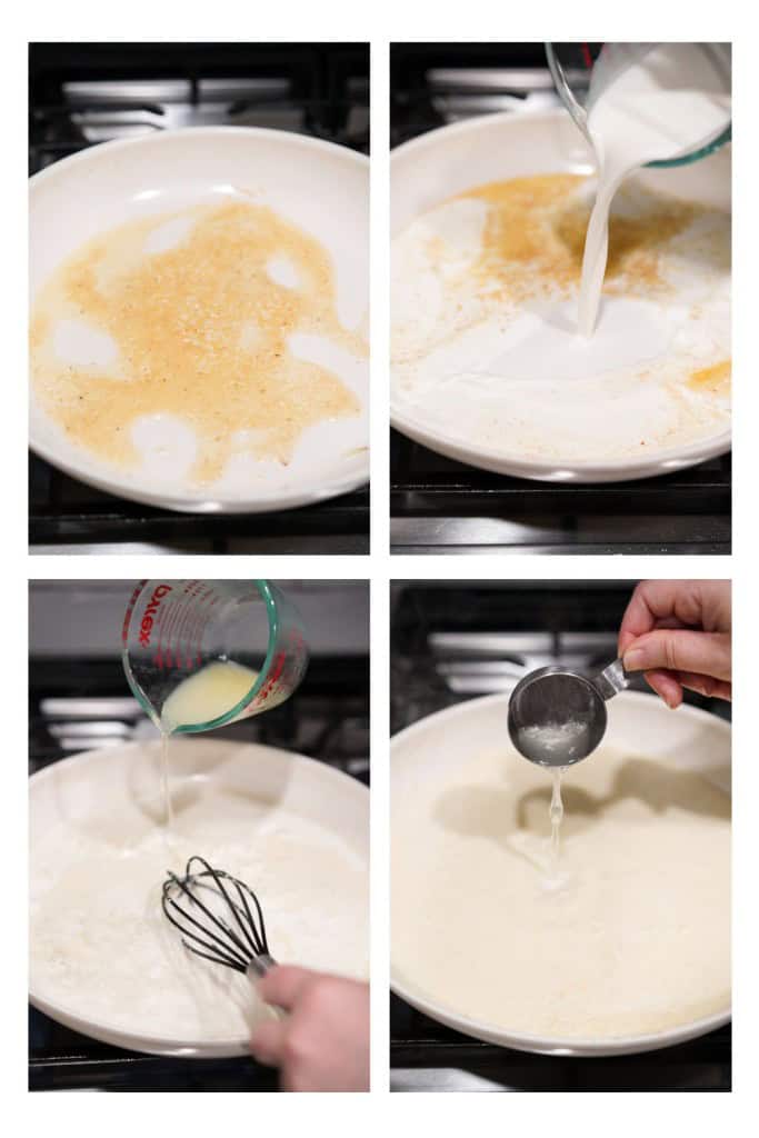 Making creamy lemon sauce on a skillet