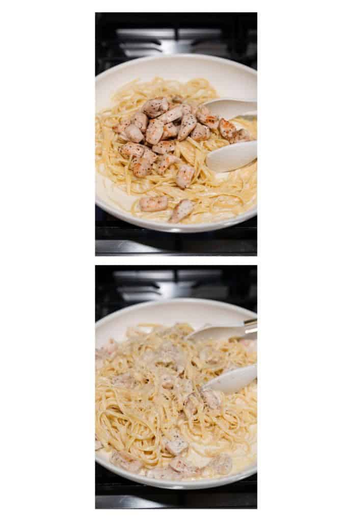 Tossing linguini and chicken in creamy lemon sauce