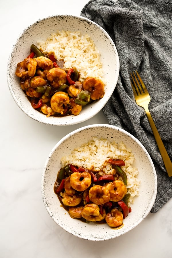 Two bowls of General Tso Shrimp top down view