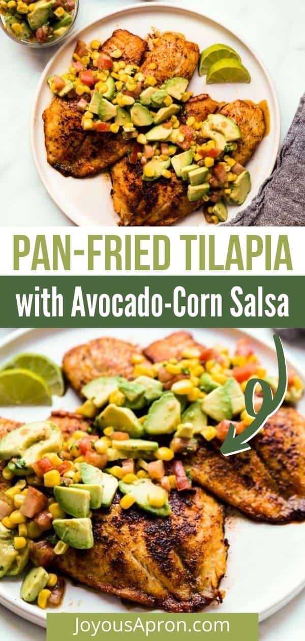 Tilapia with Avocado and Corn Salsa - easy and yummy healthy fish recipe. Pan-fried tilapia with lots of smoky, garlicky flavor, topped with an avocado corn salsa that is sweet, crunchy, and citrusy. via @joyousapron