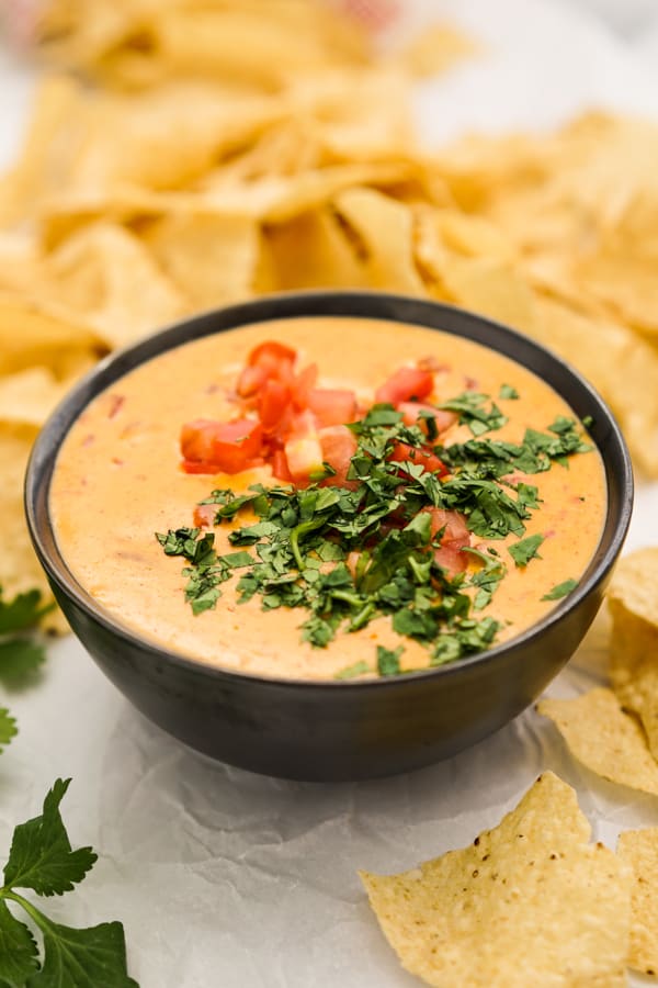 A bowl of cheese dip topped with tomatoes and cilantro