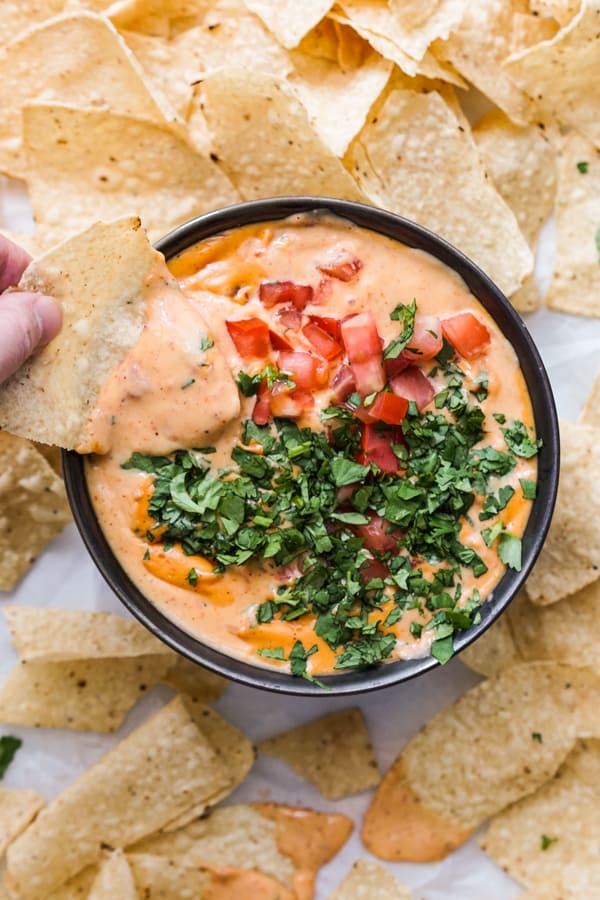 Top down view of a bowl of easy queso dip topped with cilantro and tomatoes