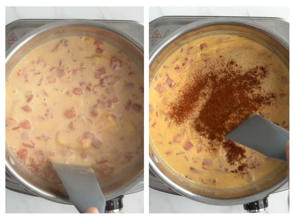 Stiring velveeta queso until thickened, then adding spices