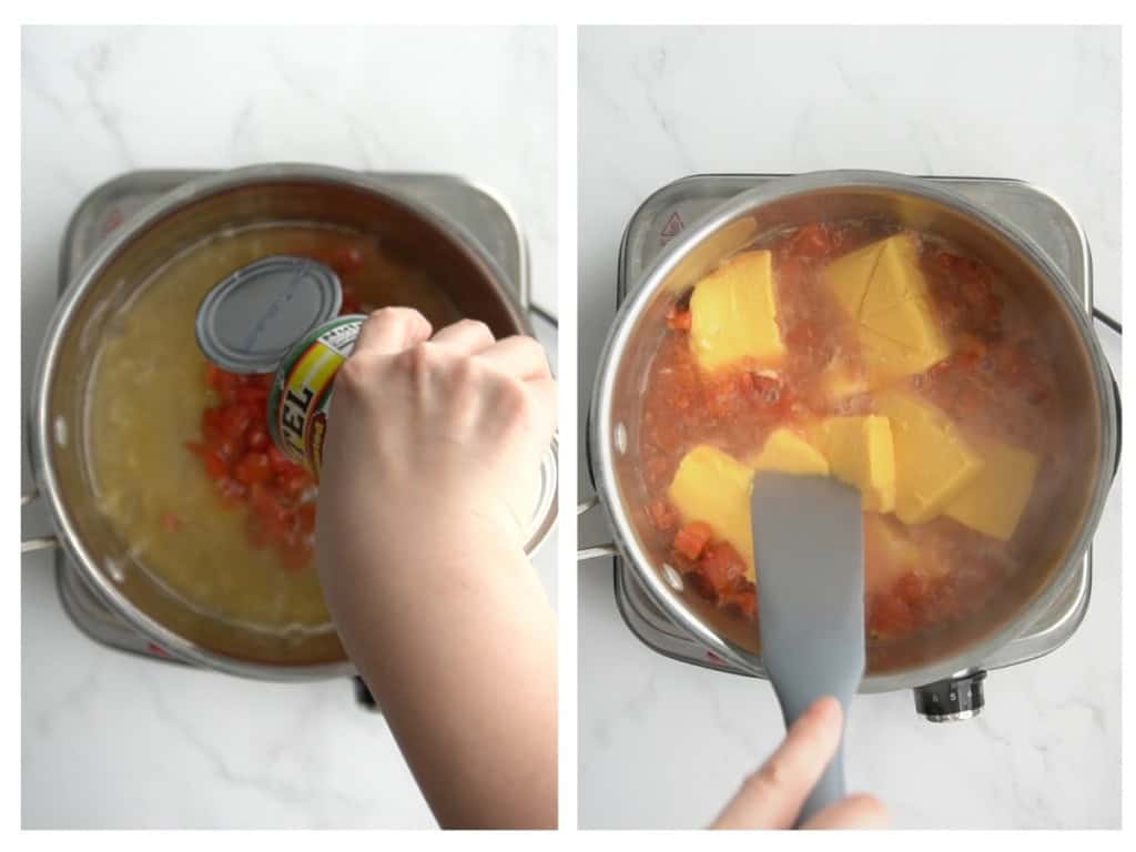 Adding a can of Rotel to chicken broth, then adding cubed Velveeta