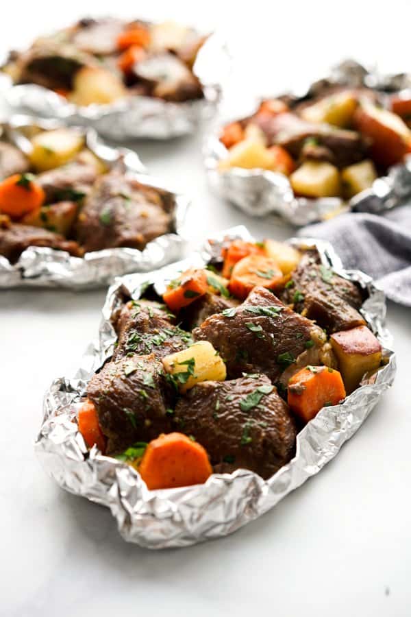 Packets of Cajun Steak and Potato and Carrots Foil Packs