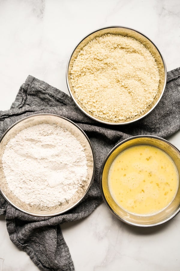 Panko breadcrumbs, flour mixture and egg mixture