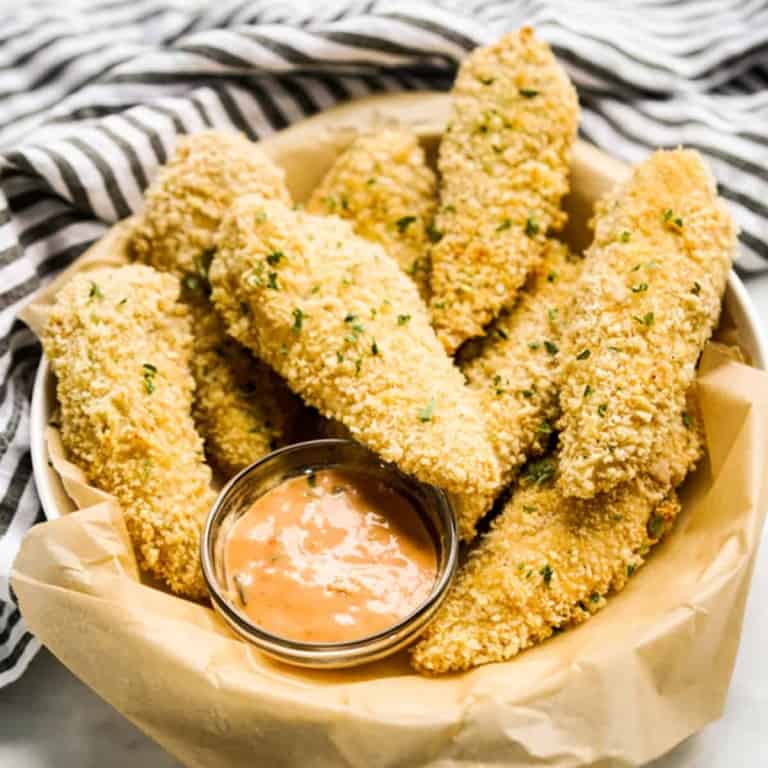 A basket of chicken tenders breaded in panko breadcrumbs