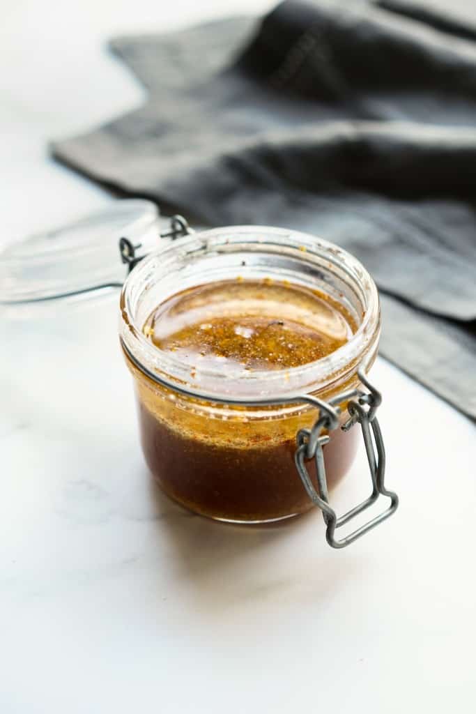 Vietnamese dressing in a mason jar with lid open