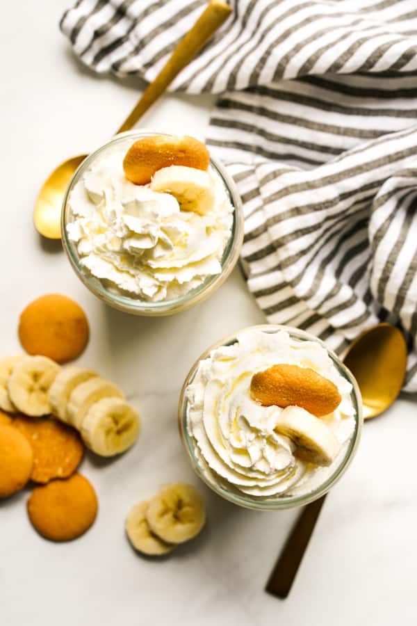 Top down view of two individual banana pudding jars