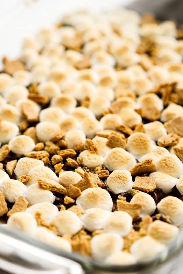 Closeup of a rectangular dish of S'mores Bars