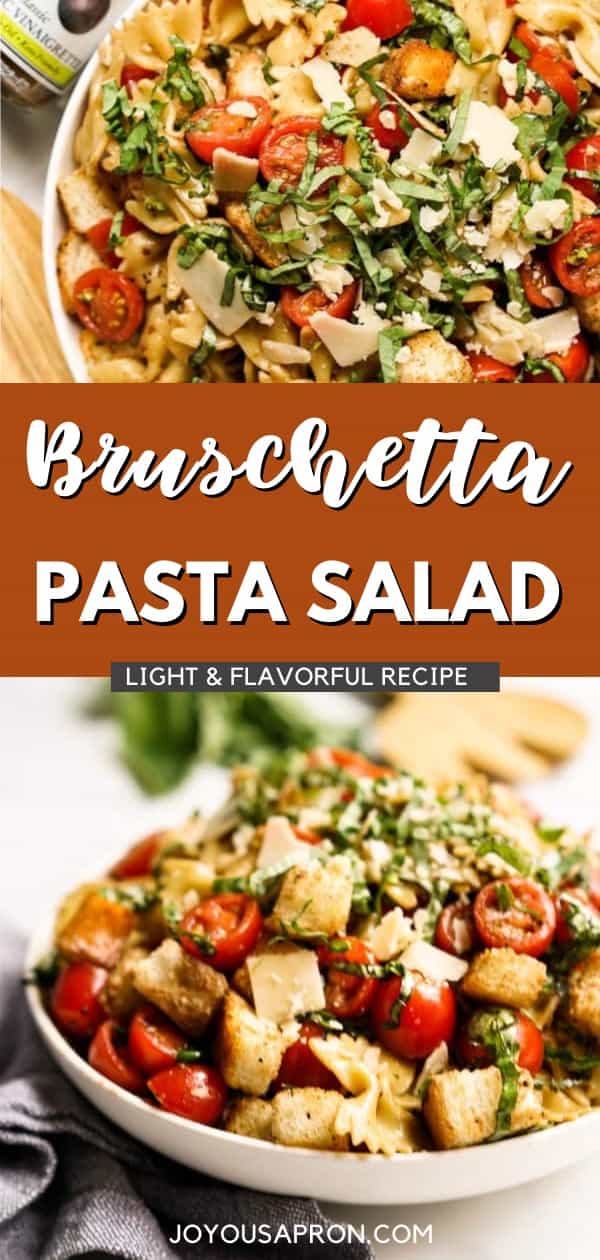 Bruschetta Pasta Salad - Tomato Bruschetta in pasta salad form, where cherry tomatoes, fresh basil, pasta, shaved parmesan, and toasted bread are tossed in balsamic vinegar dressing. Fresh and healthy no cook side dish for summer cookouts or dinners via @joyousapron