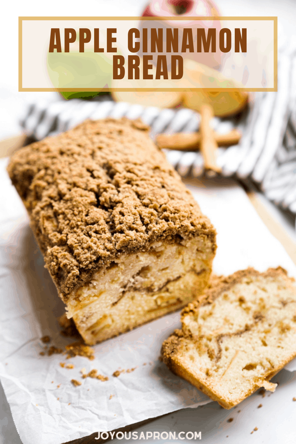 Apple Cinnamon Bread - An easy Fall breakfast, snack or even dessert! Moist and and delicious cake-like vanilla infused bread filled with apples and cinnamon swirl, and topped with cinnamon brown sugar crumble. via @joyousapron
