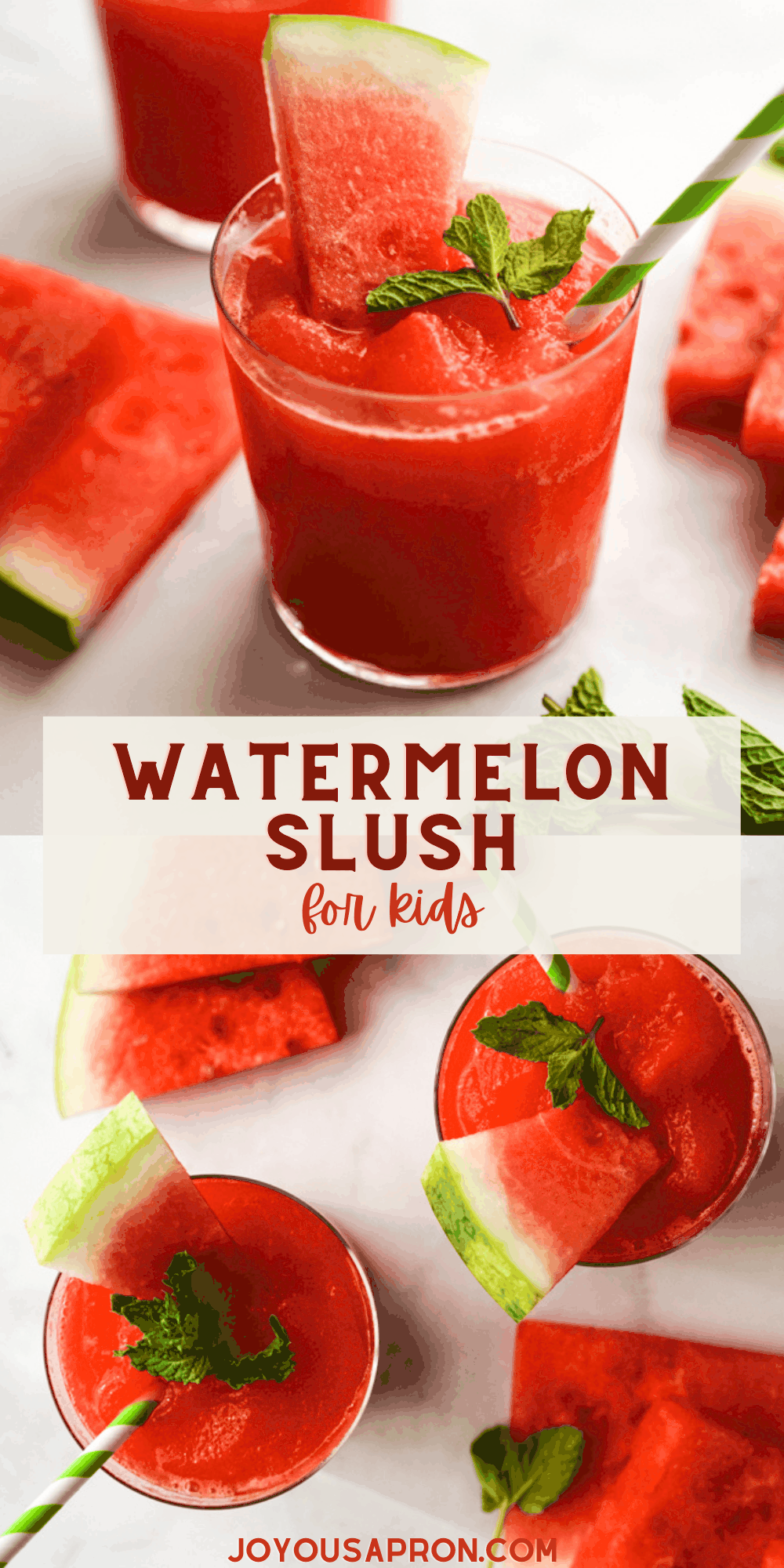Watermelon Slush - this easy homemade frozen watermelon beverage made with fresh watermelon is perfect for the summer! A refreshing and delicious drink. via @joyousapron