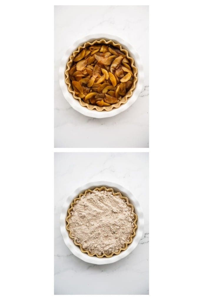 Pie crust dough in pan dish filled with apple cinnamon filling, then topped with streusel topping