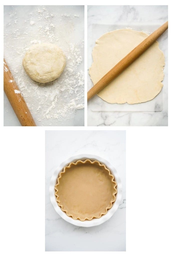 Rolling out a pie crust dough, then flattening it using a rolling pin, then shaping it into a pie dish