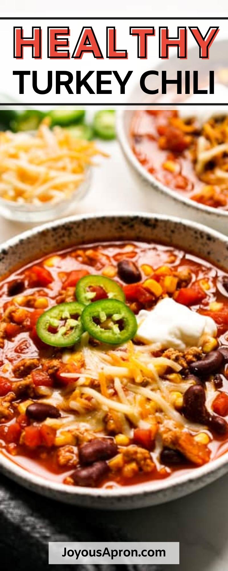Healthy Turkey Chili - easy dinner recipe - ready in 30 minutes! Made with ground turkey, this tomato-based chili is chunky, cozy, and packed full of bold flavors and great textures. via @joyousapron