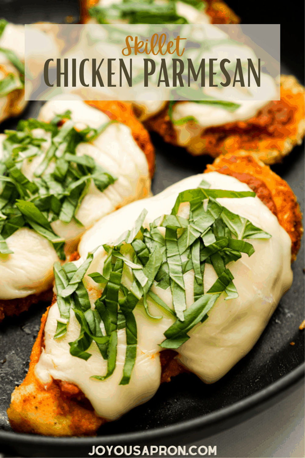 Skillet Chicken Parmesan - A classic Italian American dinner recipe. Crispy breaded parmesan chicken pan fried on a skillet, then topped with marinara sauce, fresh mozzarella cheese and fresh basil. via @joyousapron