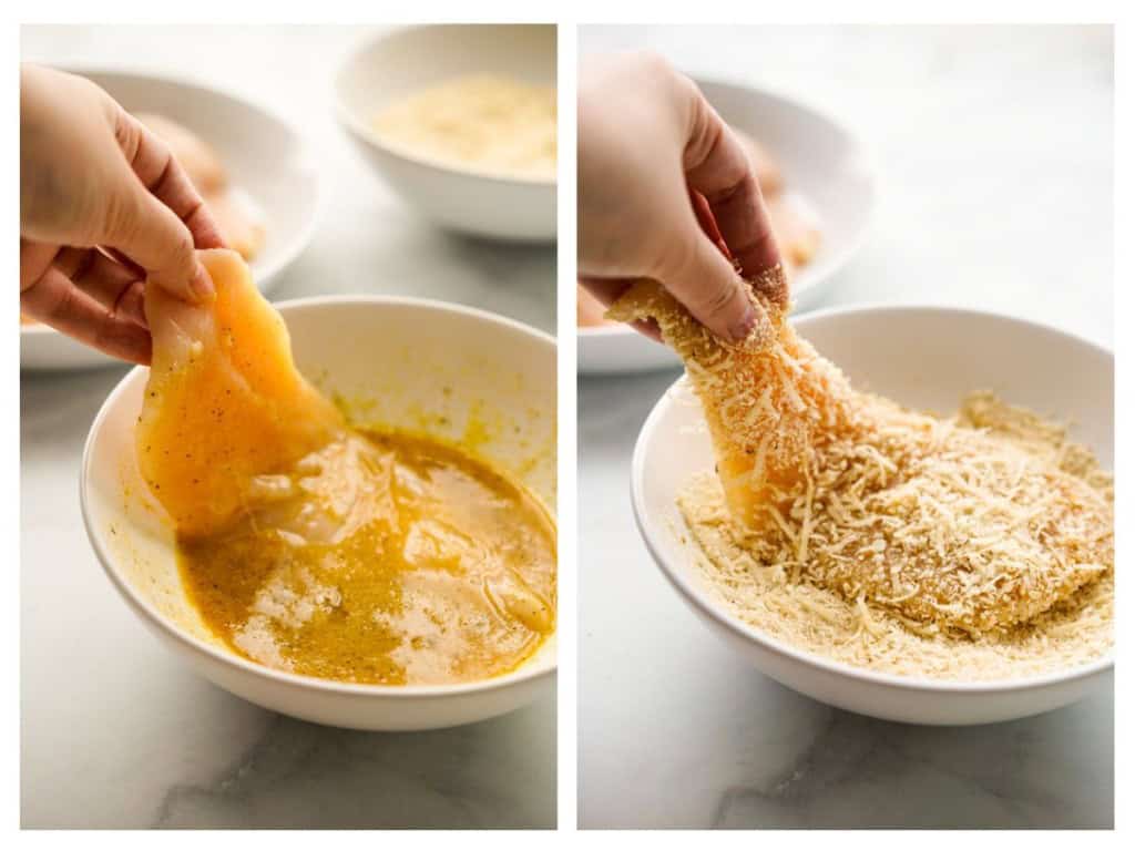 Dipping chicken cutlet into egg wash and then into parmesan breading
