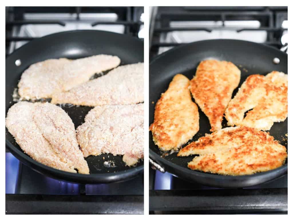 Pan frying chicken coated in breading on a skillet on the stove top