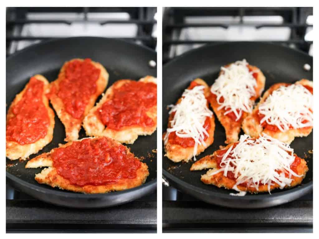 chicken parmesan with a layer of marinara sauce on top, then topped with shredded cheese