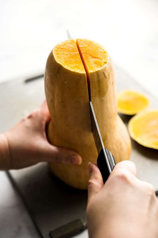 Slicing butternut squash lengthwise