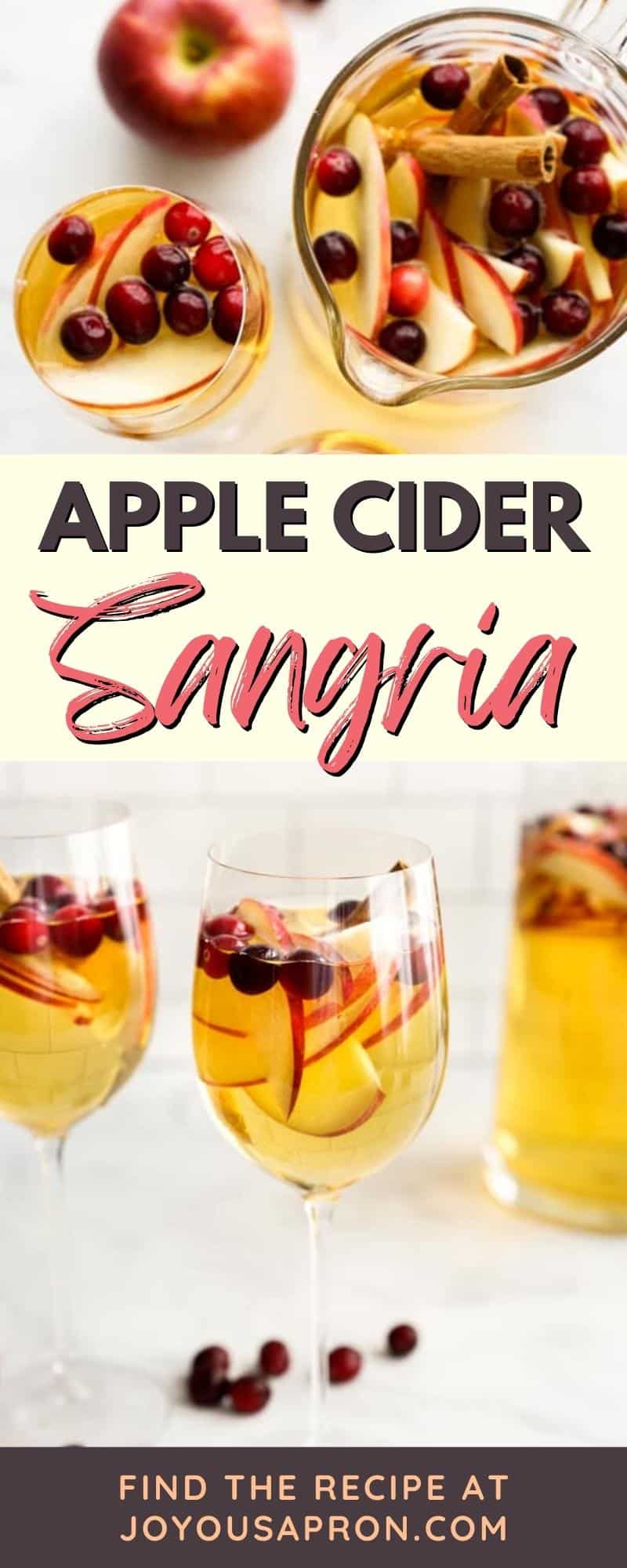 Apple Cider Sangria - A Fall and holiday inspired alcoholic beverage and drink! This cocktail combines apple cider, white wine, a splash of brandy, club soda, apples, cranberries and cinnamon. via @joyousapron