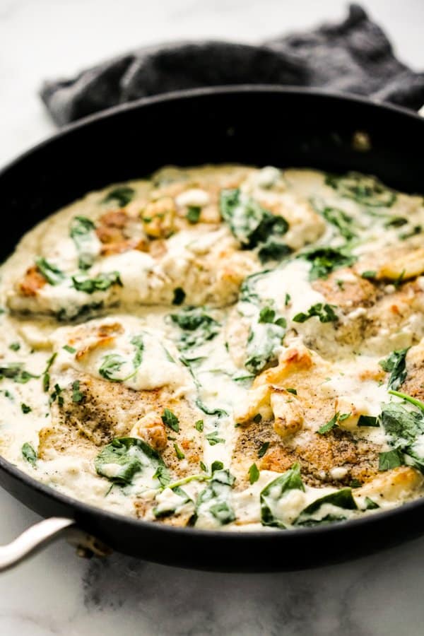 Chicken in creamy sauce in a skillet