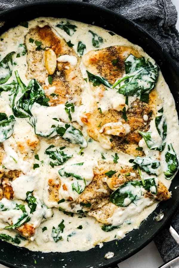 Closeup of one skillet Creamy Garlic Chicken