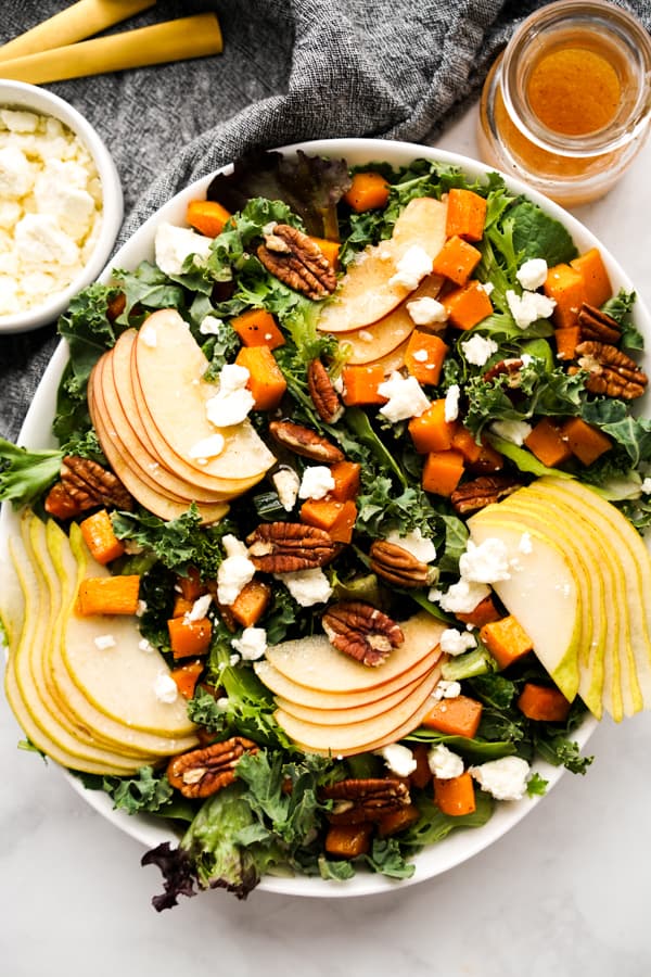 Kale and mixed green salad with apples, pears, pecans, feta and roasted butternut squash