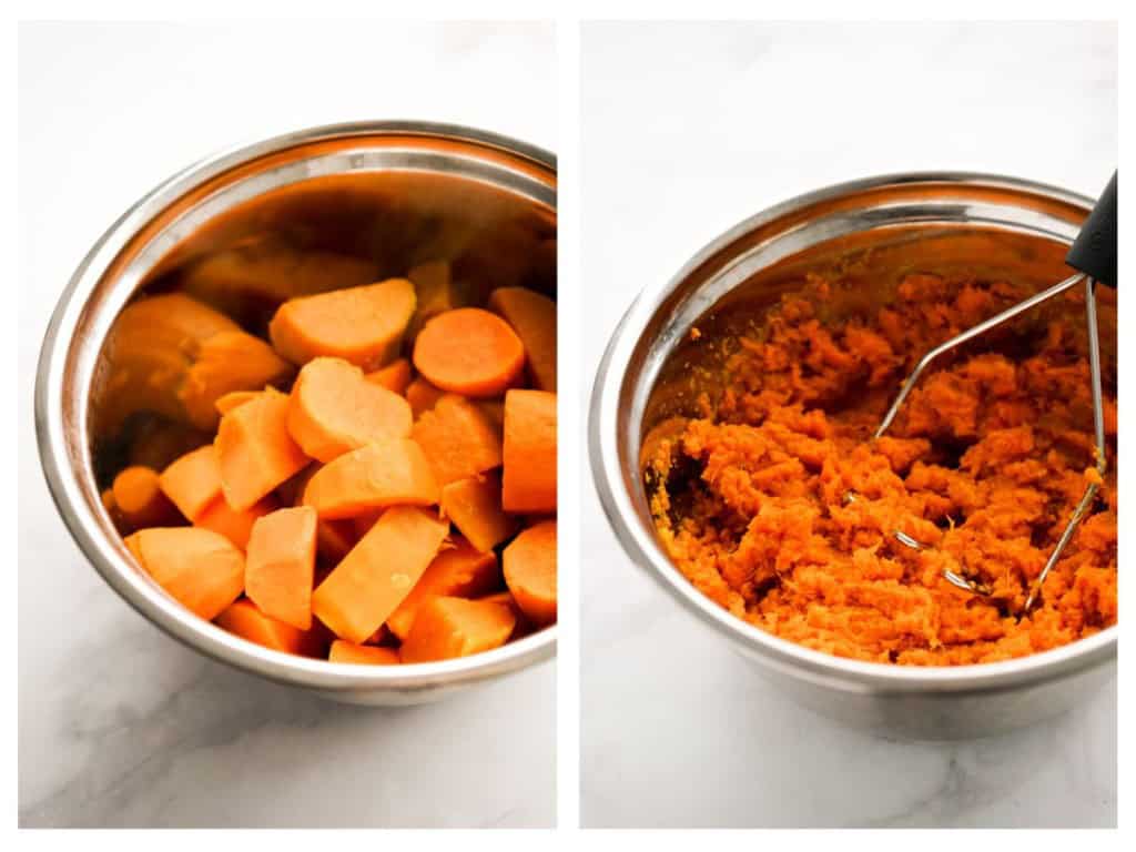Mashing boiled cubed sweet potatoes in a mixing bowl using a potato masher